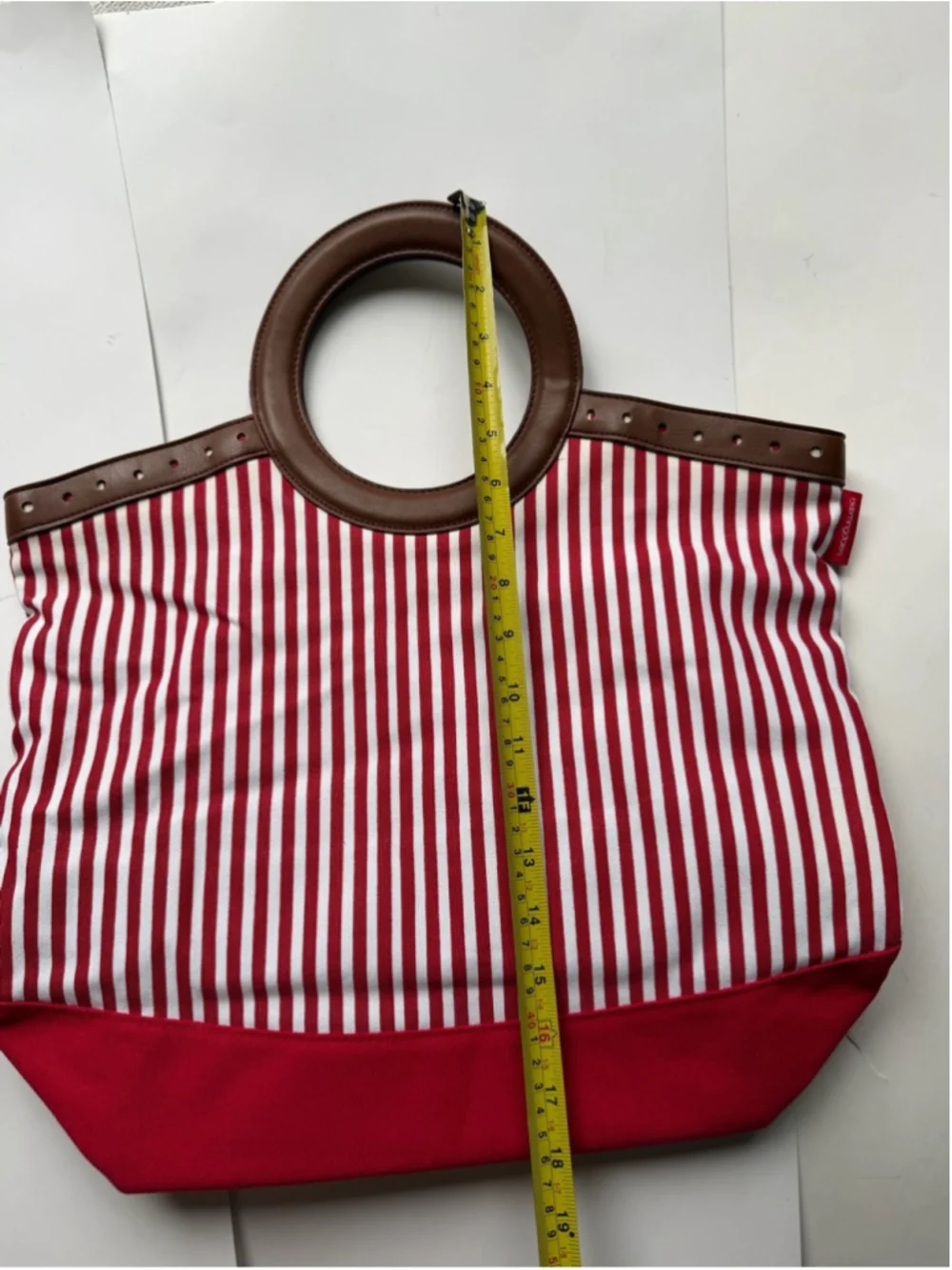 Bloomingdale's Red & White Striped Tote with Brown Round Handles